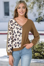 Leopard V-Neck Waffle-Knit Top Brown Woman Blouses