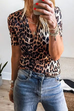 Leopard wrapped V-neck slim short sleeve top, slightly stretchy