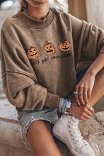 Brown distressed long-sleeve crewneck sweatshirt with Let’s Get Smashed jack-o-lantern graphic