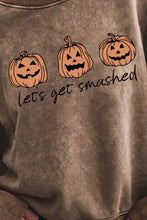 Brown acid-wash sweatshirt with jack-o-lanterns and Lets Get Smashed text, regular sleeve length