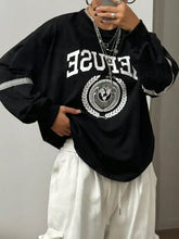 Black letter graphic round neck long sleeve sweatshirt with white stripes