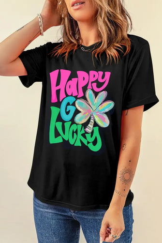 Letter Graphic Round Neck T-Shirt Black Woman T Shirts