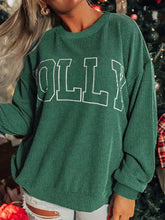 Green ribbed corduroy letter round neck sweatshirt with white outlined jolly lettering made of slightly stretchy material machine wash cold