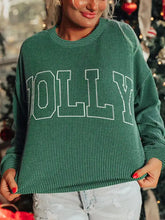 Green corduroy letter round neck sweatshirt with white outlined jolly lettering made from slightly stretchy material suitable for machine wash cold