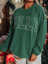 Green ribbed knit letter round neck sweatshirt with white embroidered olly lettering made of slightly stretchy material machine wash cold