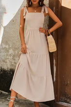 Light beige tie shoulder smocked tiered maxi dress