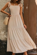Light beige tie shoulder smocked tiered maxi dress with ruffles
