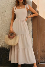Light beige tie shoulder smocked tiered maxi dress