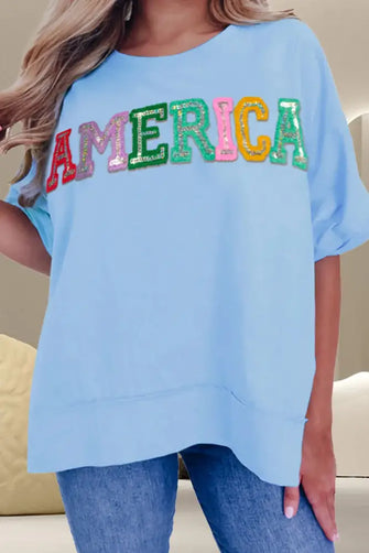 Light Blue America Sequin Oversized Tunic Top for Women Light Blue Woman T Shirts