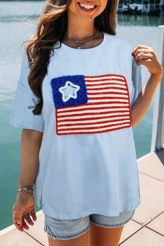 Light Blue American Flag Cotton Blend Women's T-Shirt Light Blue