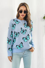 Light Blue Butterfly Sweater Round Neck Long Sleeve Pullover Pastel Blue