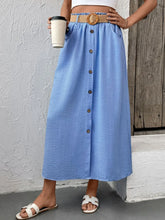 Light Blue Button Front Midi Skirt with Belt and Pockets for Women