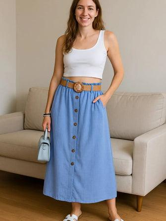 Light Blue Button Front Midi Skirt with Belt and Pockets for Women Light Blue