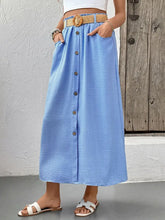 Light Blue Button Front Midi Skirt with Belt and Pockets for Women Woman Skirts