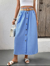 Light Blue Button Front Midi Skirt with Belt and Pockets for Women