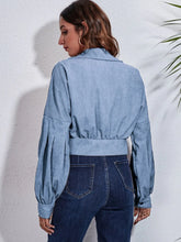 Light Blue Corduroy Balloon Sleeve Blouse for Women