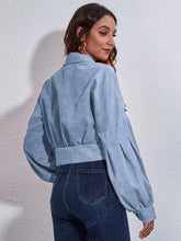 Light Blue Corduroy Balloon Sleeve Blouse for Women