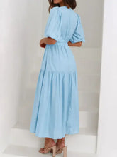Light blue cotton V-neck puff sleeve midi dress with tiered tiers