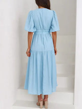 Light blue cotton puff sleeve midi dress with tie-waist design