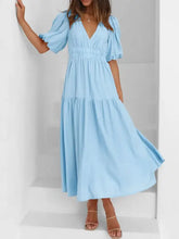 Light blue cotton V-neck puff sleeve midi dress with tiered smocked waist
