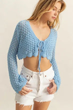 Light blue crochet cropped cardigan with textured knit and drawstring waist
