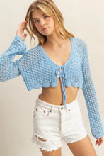 Light blue HYFVE crochet cropped cardigan with scalloped knit tie-front