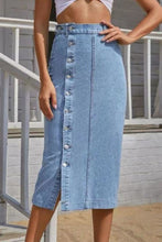 Light Blue Denim Button Front Midi Skirt with Slit