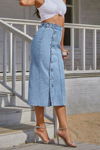 Light Blue Denim Button Front Midi Skirt with Slit