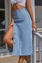 Light Blue Denim Button Front Midi Skirt with Slit