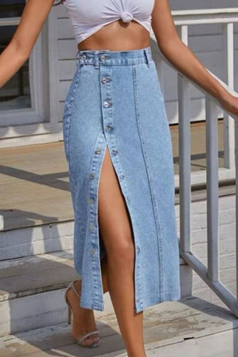 Light Blue Denim Button Front Midi Skirt with Slit Light