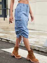 Light Blue Denim Cargo Skirt with Pockets and Drawstring Waist Medium