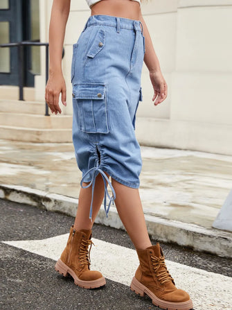 Light Blue Denim Cargo Skirt with Pockets and Drawstring Waist Medium