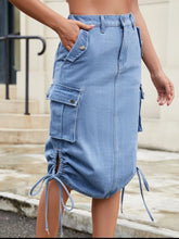Light Blue Denim Cargo Skirt with Pockets and Drawstring Waist