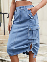 Light Blue Denim Cargo Skirt with Pockets and Drawstring Waist