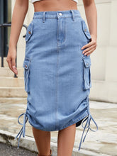 Light Blue Denim Cargo Skirt with Pockets and Drawstring Waist