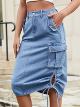 Light Blue Denim Cargo Skirt with Pockets and Drawstring Waist Woman Skirts