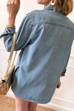 Light Blue Denim Jacket with Brown Buttons and Pockets for Women