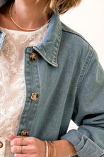Light Blue Denim Jacket with Brown Buttons and Pockets for Women