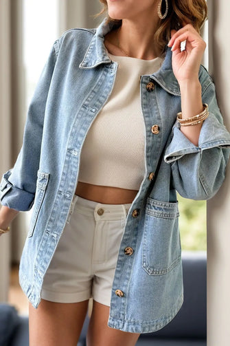 Light Blue Denim Jacket with Brown Buttons and Pockets for Women Light