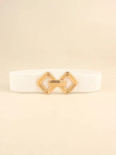 White elastic wide belt with gold geometric buckle for denim jumpsuit