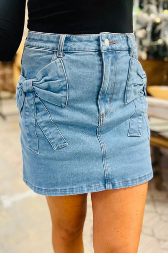 Light Blue Denim Mini Skirt with Bow Detail for Women Medium
