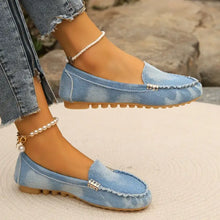 Light blue denim round toe flat loafers with pearl anklet