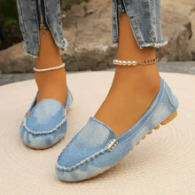 Light blue denim round toe flat loafers with pearl anklet