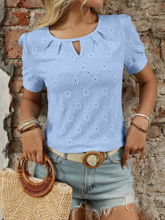 Light Blue Diamond Pattern Knit Blouse for Women Light Blue