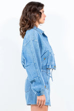 Light Blue Drawstring Waist Crop Denim Jacket and Shorts Set for Women