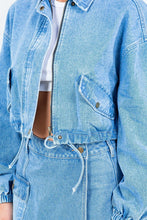 Light Blue Drawstring Waist Crop Denim Jacket and Shorts Set for Women