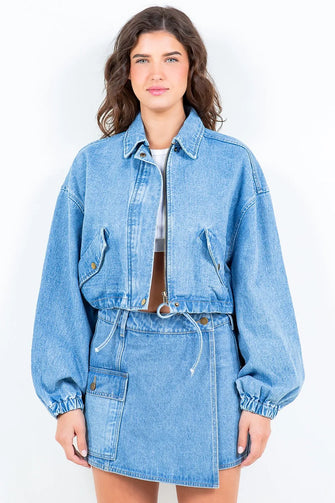Light Blue Drawstring Waist Crop Denim Jacket and Shorts Set for Women Blue