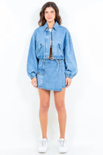 Light Blue Drawstring Waist Crop Denim Jacket and Shorts Set for Women