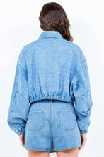 Light blue drawstring waist crop denim jacket and shorts set for women
