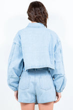 Light Blue Drawstring Waist Crop Denim Jacket and Skirt Set for Women